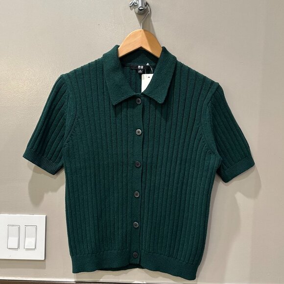 UNIQLO Ribbed Sweater-Knit Polo Short-Sleeve Button-Up Cardigan (Green) - Picture 9 of 16
